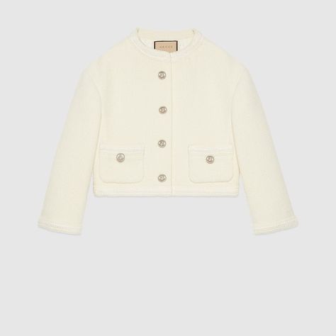 Tweed jacket with embroidery in ivory | GUCCI® US Gucci Jacket Women, Gucci Tweed Jacket, Designer Winter Jackets, Gucci Tweed, Jacket With Embroidery, Gucci Jacket, Outer Jacket, Blazer And Skirt, Embroidered Heart