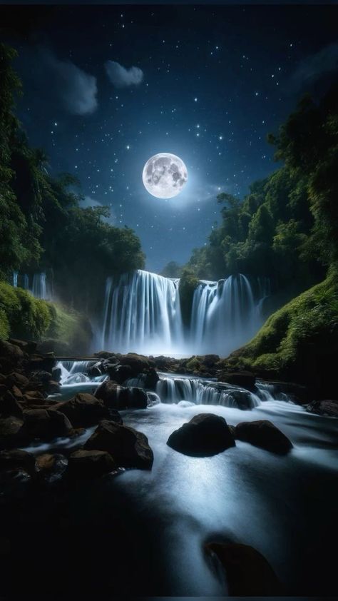 Moonlit Waterfall, Waterfall At Night, Night Waterfall, Wash Shower Curtain, Paint Decor, Wallpaper Marble, Marble Sticker, Waterfall Wallpaper, Natural Waterfalls