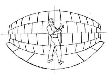 curvilinear perspective of a corner. Multi point curvilinear, or fish-eye perspective useful for drawing something huge. Curvilinear Perspective, How To Draw Figures, 5 Point Perspective, Draw Figures, Eye Perspective, Three Point Perspective, Drawing Comics, Architecture Drawing Sketchbooks, Camera Drawing