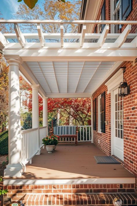 Charming Front Porch Ideas for Red Brick House Porch Railing Brick House, Brick House Back Porch, Red Brick Front Porch Decorating Ideas, Traditional Red Brick Home Exterior, Front Porch Ideas Brick House, Brick House Porch, Brick House With Porch, Red Brick Porch, Brick Porch Ideas