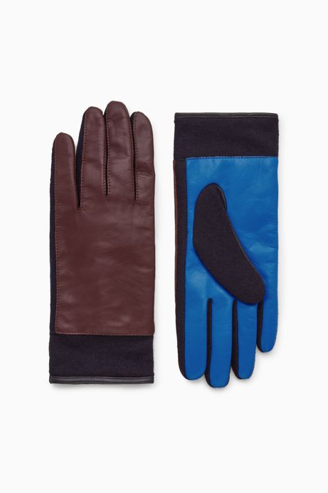 COLOUR-BLOCK LEATHER GLOVES - Burgundy / bright blue - Gloves - COS Blue Gloves, Design Wardrobe, Modern Shoes, Padded Headband, Leather Flip Flops, Elegant Accessories, Womens Gloves, Innovative Design, Leather Gloves