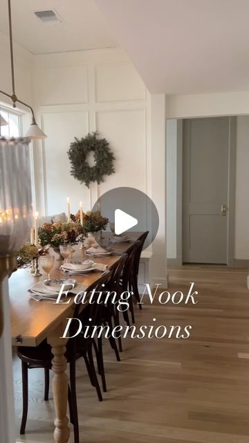 Emily Riter on Instagram: "The Kitchen Eating Nook. We added on this space and it was 100% worth it. Not only do we eat at it every day but during times we’ve entertained we have fit 20 people around the table. It is located right off the kitchen & butlers pantry. We eventually may add some cushions & cafe curtains but for now we couldn’t be happier & more grateful for the eating nook.

Eating Nook Dimensions:

Overall: 14’ x 6.5’
Seat: 18” x 16.5”
Light fixture: 40” from ceiling & 50” from table 
Table: 10’

.

.

.

#eatingnook #breakfastnook #breakfastnookdesign #kitchendesign #kitchenlayout #kitchendimensions #kitchenideas #newoldhome #colonialhouse #homerenovation #allsortsof #tablescape #wintertablescape #driedflorals #wainscoting #windowbench #tabledecor #kitchenmeasurements #englis Eating Area With Round Chandelier, Breakfeast Nook Dinning Table, Casual Dining Room Off Kitchen Pendant Lights & Chandeliers, Eden Eats Kitchen, Kitchen Eating Nook, Dining Room Gather Sign, Table In Kitchen, Eating Nook, Kitchen Butlers Pantry