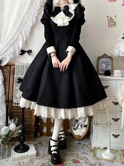 This price includes a dress, an apron and a bowknot jabot. SizeSMLXLBust84889296Full Length105106107108Waist65697377Sleeve Length5858.55959.5Hem Circumference275280285290 French Artist Aesthetic Outfit, High Guardian Spice Redesign, Lolíta Dresses, Kawaii Black Dress, Different Goth Styles, Cute One Piece Dress, Cute Black Dresses, Black Cute Dress, Witchcore Fashion