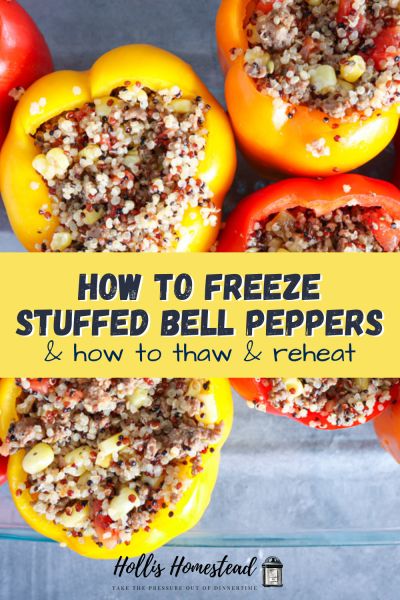 red, yellow, orange stuffed bell peppers with quinoa, sausage, corn. Instructions on how to freeze, thaw and reheat. Freeze Bell Peppers How To, Can You Freeze Stuffed Bell Peppers, Stuffed Bell Peppers For Freezing, Stuffed Bell Peppers To Freeze, How To Freeze Stuffed Peppers, Stuffed Bell Peppers Freezer Meal, Can You Freeze Stuffed Peppers, Stuffed Peppers For Freezing, Freezer Stuffed Bell Peppers