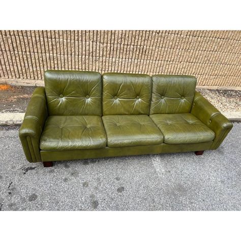 Mid Century Green Leather Tufted Upholstered Sofa Well made Sturdy  comfortable .  Approximate measurements:  Height 24” width 77” depth 30”. Floor to Seat 14”. Floor to arm 21” Green Leather Couch Living Room, Vintage Green Couch, 70s Interior Design Mid Century Modern, Moss Green Sofa, Green Leather Couch, Interior Design Mid Century Modern, Mid Century Leather Sofa, Mid Century Couch, Green Leather Sofa