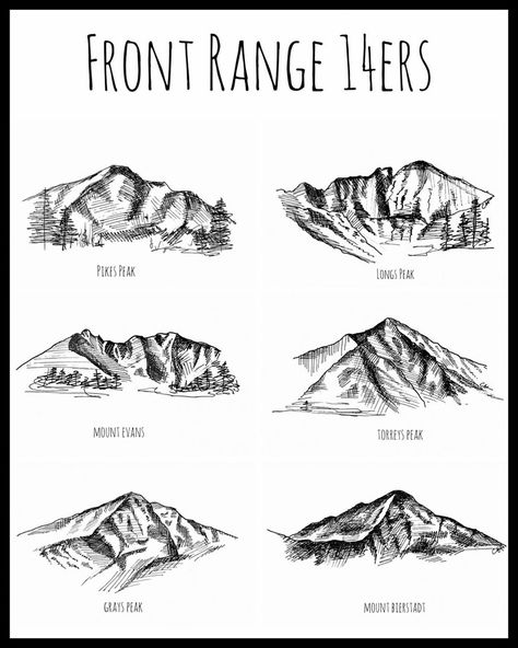 Currently drawing up a Colorado 14er series and working on an Etsy shop to get some things sold. These drawings have actually been quite… Longs Peak Colorado Tattoo, Colorado Mountains Drawing, Colorado Rocky Mountains Tattoo, Colorado 14er Tattoo, Colorado Tattoo Ideas Rocky Mountains, 14er Tattoo, Front Range Colorado, Mountain Tattoo Colorado, Colorado C Tattoo