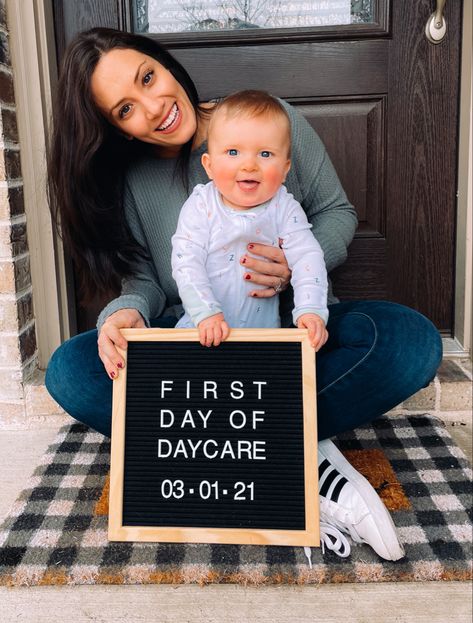 First day of daycare photo idea 1st Day Of Daycare Infant, First Day Of Daycare Pictures, First Day Of Daycare Sign, Daycare Photoshoot Ideas, 1st Day Of Daycare, First Day At Daycare, Nursery 2023, First Day Of Daycare, First Day School Sign