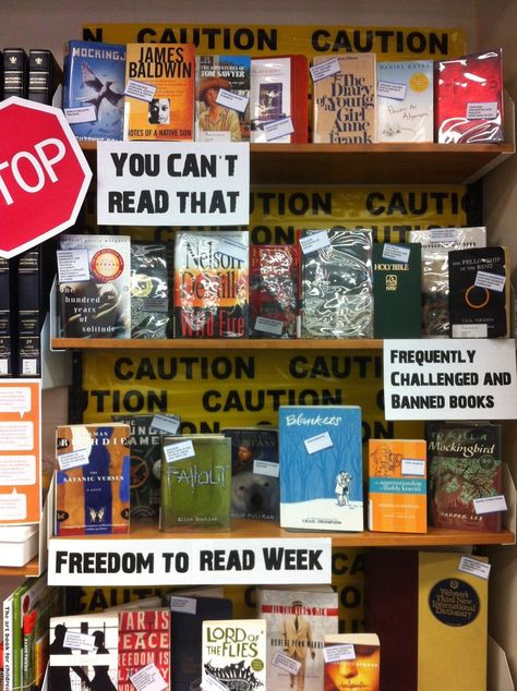 1000+ ideas about High School Libraries on Pinterest | School libraries, Library displays and Book displays Freedom To Read Week Display, Banned Books Library Display, Freedom To Read Display, Banned Books Bulletin Board, Banned Book Display, Banned Books Display, Banned Books Week Display, School Library Book Displays, English Classroom Decor