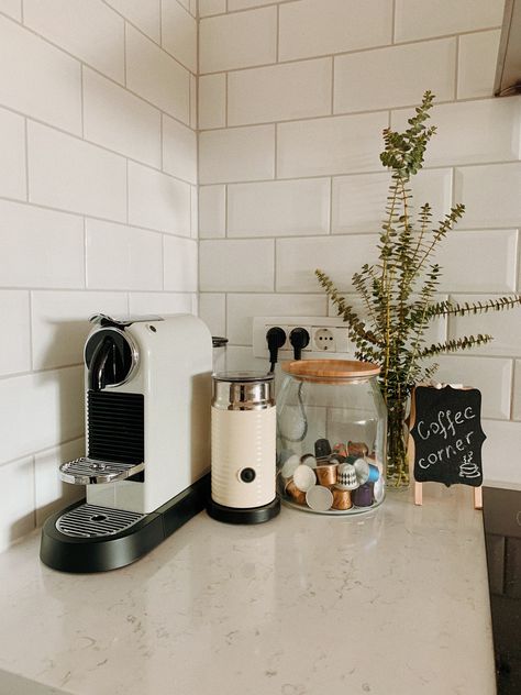 #nespresso #coffeestation #coffeecorner #coffeebar #kitchen #kitchendesign #subwaytile #eucalyptus Nespresso Coffee Bar, Kaffe Station, Kaffe Bar, Coffee Bar Ideas Kitchen Counter, Coffee Station Kitchen, Kitchen Countertop Decor, Coffee Bar Station, Coffee Bar Ideas, Coffee Bar Design