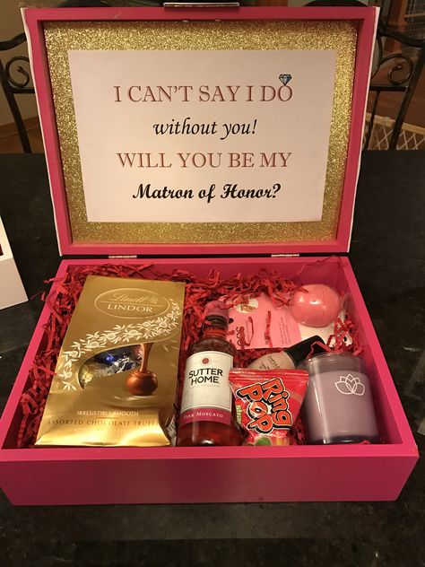 The "Will you be my Matron of Honor" box I made for my Matron of Honor!  #wedding #maidofhonor #willyoubemymatronofhonor #willyoubemymaidofhonor #matronofhonor #bridesmaids #love Matron Of Honor Box Ideas, Will You Be My Matron Of Honor Ideas, Bridesmaids Gifts Will You Be My, Will You Be My Bridesmaid Gifts Box Diy, Will You Be My Maid Of Honor Ideas Bridesmaid Boxes, Gifts For Matron Of Honor, Proposal Gifts For Her, Diy Asking Bridesmaids To Be In Wedding, Maid Of Honor And Matron Of Honor