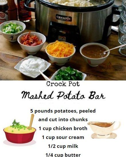 Recipes Smile - Crock Pot Mashed Potato Bar Ingredients: 5... Mashed Potato Bar, Crockpot Mashed Potatoes, Potato Bar, Mashed Potato, Bars Recipes, Side Dish Recipes, Crock Pot, Slow Cooker Recipes, Crockpot Recipes