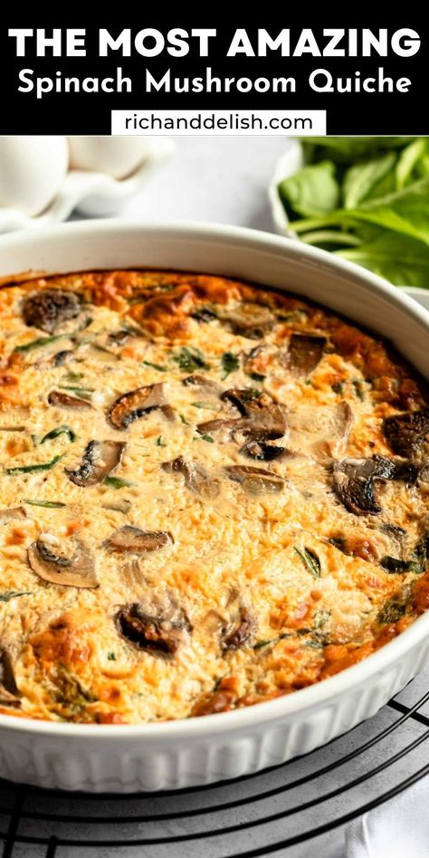 Breakfast Crustless Quiche, Spinach Mushroom Crustless Quiche, Mushroom Quiche Crustless, Quiche Combinations, Mushroom Quiche Recipes, Gourmet Quiche, Spinach And Mushroom Quiche, Spinach Mushroom Quiche, Quiche Crustless