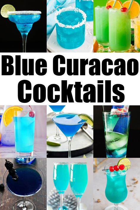 A photo collage showing nine different blue cocktails. Bold text in the middle reads "Blue Curacao Cocktails". Blue Mimosa Recipe, Cocktails With Blue Curacao, Blue Hawaiian Drink, Curacao Drink, Blue Curacao Drinks, Curacao Vacation, Hawaiian Drinks, Blue Curacao Liqueur, Blue Drinks