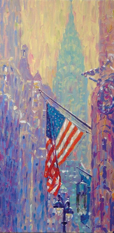 "\"American Flag and Chrysler Building, View from Lexington Ave.\" is a fine art giclée print of an original painting by Robert Padovano. This painting depicts the American Flag hanging from the facade of the GE Building on Lexington Ave. in Manhattan in the bright afternoon light. Really wanted an Impressionistic effect with this one, keeping the brush stokes very thick and the background buildings diffused to accentuate the bold colors of the flag. I love the effect of the translucent folds of Us Flag Art, Abstract American Flag Painting, America Painting Ideas, America Painting, American Flag Artwork, Cabin Painting, Old American Flag, Bookmark Images, American Flag Painting