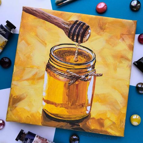 Honey Painting Art, Honey Acrylic Painting, Yellow Canvas Painting Ideas, Honey Bee Painting Acrylic, Yellow Painting Ideas On Canvas, Bee Painting Acrylic, Honey Painting, Honey Bee Painting, Honeybee Theme