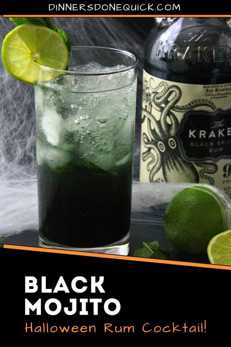 Looking for a spine-chilling cocktail for your Halloween party? Try this Black Mojito! Made with Kraken black spiced rum, fresh lime, and mint, it’s a sinister twist on the classic mojito. The eerie black hue makes it perfect for Halloween, while the refreshing mint and citrus keep it deliciously drinkable. Add a few creepy garnishes for the ultimate haunted drink. Perfect for impressing your guests with a spooky yet classy vibe! #HalloweenCocktails #BlackMojito #SpookyDrinks #RumCocktails Halloween Mojito Recipe, Halloween Rum Cocktails, Halloween Drinks With Rum, Kraken Rum Recipes, Kraken Rum Cocktails, Rum Halloween Drinks, Black Rum Cocktails, Halloween Cocktail Garnish, Halloween Mojito