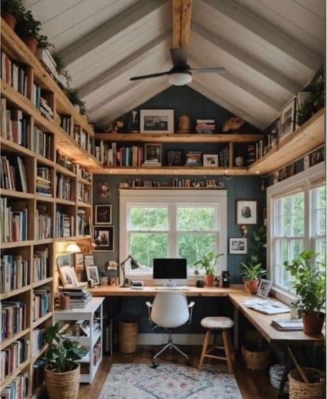 Art Studio And Reading Room, Tiny House Library Ideas, Library Room At Home, Clean Home Interior, Cozy Office Library, Art Studio Library, Home Office And Library Combo, Small She Shed Interiors Decor, Library Shed Backyards