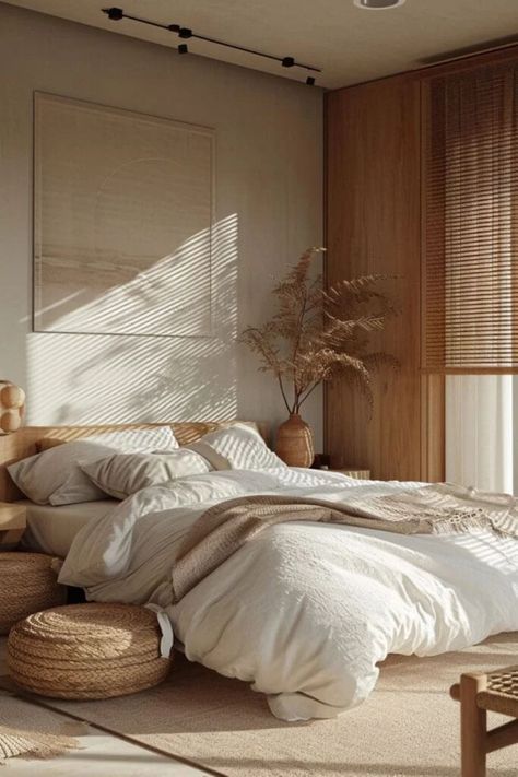 Natural Scandinavian Bedroom, Japandi Bedroom Curtains, Japandi Inspired Bedroom, Japandi Diy, Japandi Small Bedroom, Japandi Bedroom Design Small, Japanese Scandinavian Interior, Japandi Bed, Small Bedroom Interior Design