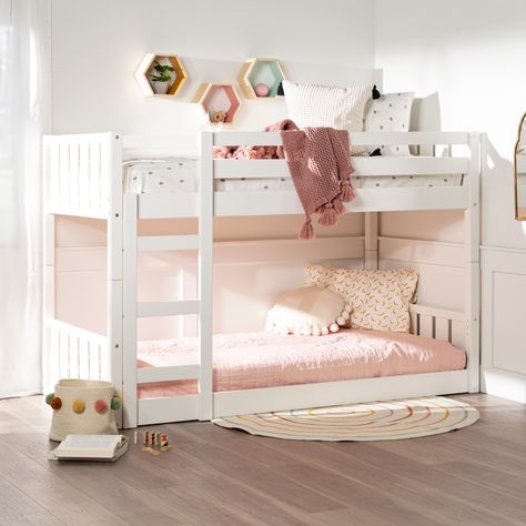 Putting the little ones to bed just got easier, with this low Twin-sized bunk bed. Girl Bunk Bed Rooms, Bunk Bed Girls Room, Girls Room Bunk Beds, Bunk Bed Decor, Bunk Beds For Girls Room, Low Bunk Bed, Sister Bedroom, Girls Bunk Beds, Trundle Bed With Storage