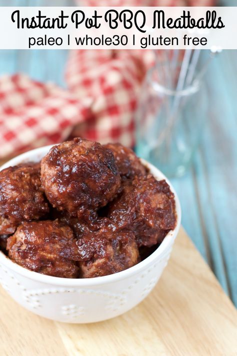 Instant Pot BBQ Meatballs | Plaid and Paleo (Paleo, gluten-free) Instant Pot Bbq Meatballs, Types Of Bellies, Paleo Instant Pot, Bbq Sauce Ingredients, Gluten Free Dinner Easy, Bbq Meatballs, Tangy Bbq Sauce, Pork Meatballs, Paleo Crockpot