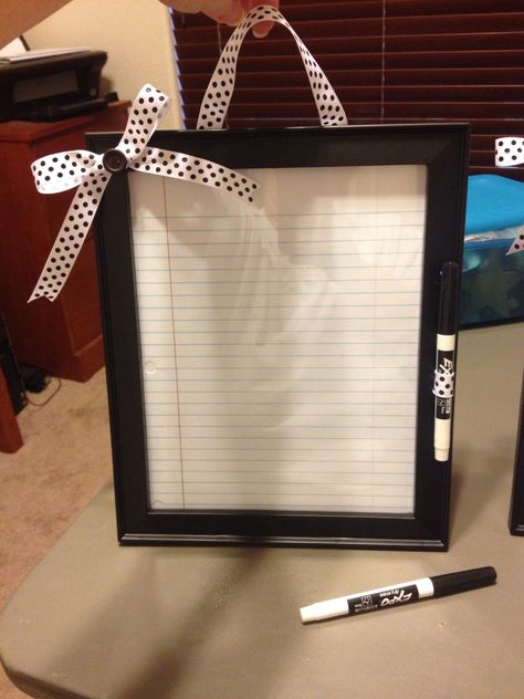 Took the picture frame dry erase board idea seen on Pinterest and added a holder on the frame for the dry erase marker. I also attached a ribbon to the back so that it can be hung on a wall! Now for some personalization with names at the bottom of the frame (finished product coming soon)! Picture Frame Whiteboard Diy, Picture Frame Dry Erase Board Diy, Dry Erase Board Ideas, Diy Dry Erase Board, Cubicle Decor, Towel Crafts, Command Center, Craft Room Organization, Easy Diy Art