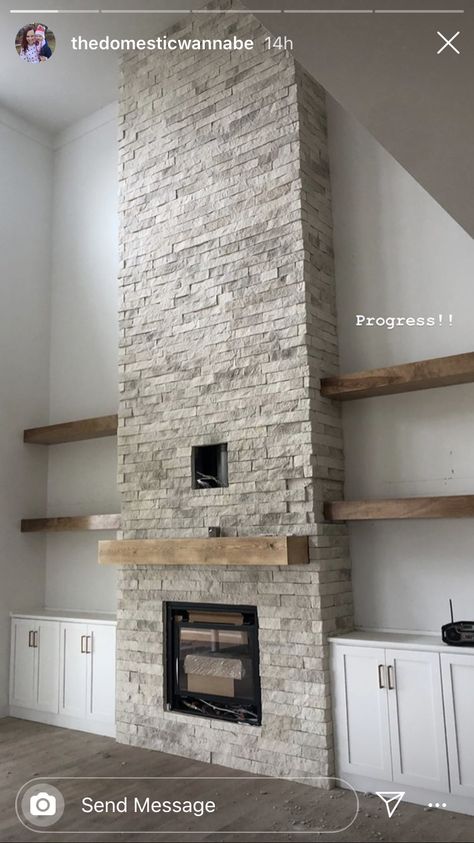 Fireplace Makeover Stacked Stone, Shiplap Wall Stone Fireplace, Stone Fireplace With White Built Ins, Fireplace All The Way To Ceiling, Open To Below Fireplace, Stacking Stone Fireplace, Large Living Room Fireplace, Stacked Brick Fireplace, Tall Fireplace Wall Ideas