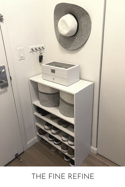 Professional Organizer shares how to create a small apartment mudroom that's perfect for renters! No-drill and easy assembly tutorial. #mudroom #shoestorage #shoesoffhome #organize #organizing #cleansmarter #organizehome Small Apartment Entrance, Walk In Closet Diy, Desk Storage Ideas, Space Saver Ideas, Small Space Storage Ideas, Small Apartment Closet, Organizing Aesthetic, Space Saving Ideas For Home, Apartment Entrance