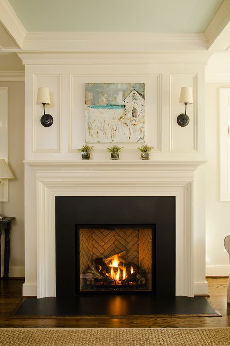 Gas fireplace with custom mantle and surround Classic Gas Fireplace, Mantle Gas Fireplace, Molding Above Fireplace Mantel, Fireplace Mantle Living Room, Fireplace With Picture Above, Gas Fireplace Insert Ideas Traditional, Wood Fireplace Mantel Ideas, Custom Wood Fireplace Mantel, Raised Gas Fireplace