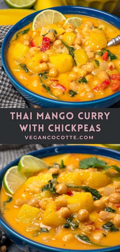 Thai Mango Curry with Chickpeas Sweet Potato Tofu Chickpea Curry, Vegan Sweet Potato Chickpea Curry, Sweet Potatoes Curry Recipes, Indian Food Recipes Sweet Potato, Chickpeas And Sweet Potato Recipes, Chickpea Curry Meal Prep, Chickpea Sweet Potato Recipes, Sweet Potatoes Chickpeas, Chickpea And Potato Curry Indian