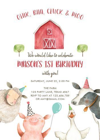 1st birthday invitations Farm Party Invite, Farm Themed Birthday Party Boys, Birthday Farm Theme, Farm Animals Birthday Party Invitations, Farm Animals Party, Animals Birthday Invitation, Farm Animals Birthday, Farm Invitation, 1st Birthday Invitation Template