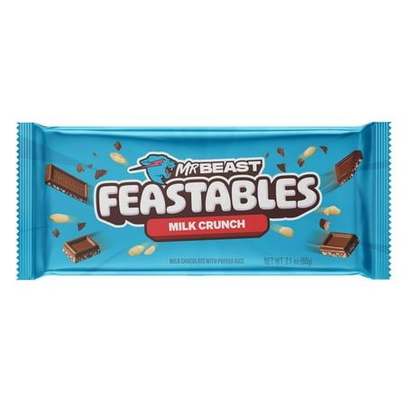 Indulge in the new and improved Feastables MrBeast Milk Chocolate Crunch Bar, crafted with a reformulated recipe for a richer and more delectable flavor experience. Blended to perfection, this smoother and creamier chocolate candy will melt in your mouth with every bite. The new formula features simple, high-quality ingredients resulting in a deliciously satisfying chocolate snack. Share the joy with this shareable treat, perfect for satisfying cravings and relishing sweet moments. Size: 2.1 oz. Crunch Candy Bar, Mr Beast, Crunch Bar, Milk Chocolate Candy, Chocolate Crunch, Chocolate Liquor, Chocolate Snacks, Puffed Rice, Crunchy Snack