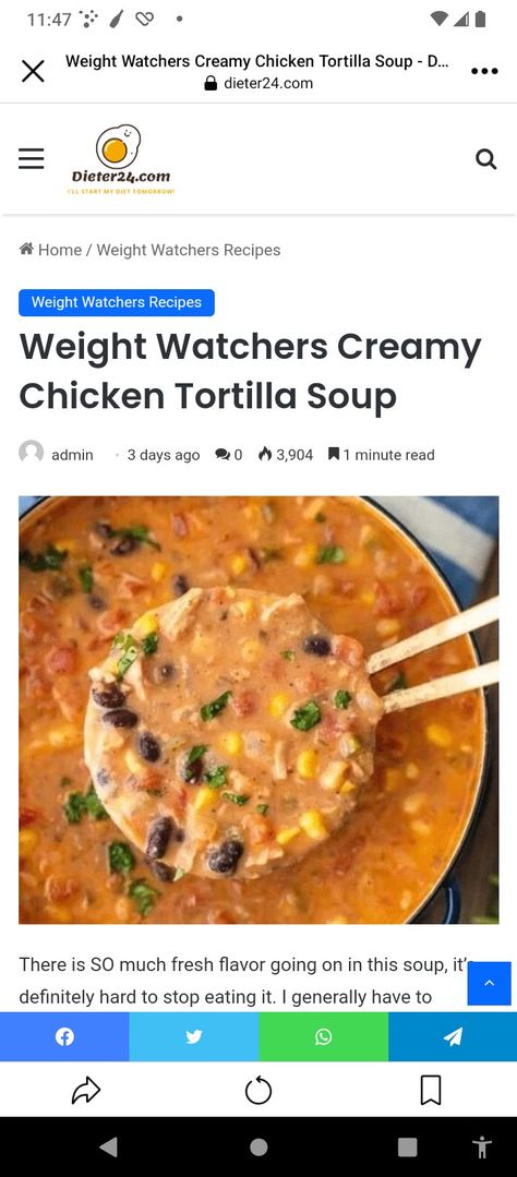 Weight Watchers Creamy Tortilla Soup, Ww Creamy Chicken Tortilla Soup, Creamy Tortilla Soup, Weight Warchers, Ww 2024, Creamy Chicken Tortilla Soup, Weigh Watchers, Weight Watchers Chicken, Healthier Eating