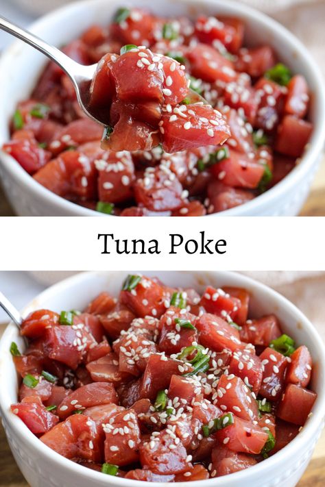 Fresh, sushi grade tuna marinaded in an Asian inspired marinade with crunchy green onions and crispy sesame seeds. Tuna Poke is perfect when eaten by itself but also delicious when put on top of avocado toast! #poke #sushigradetuna #glutenfree #appetizer #lunch #dinner Ahi Tuna Marinade, Tuna Poke Recipe, Glutenfree Appetizer, Fresh Tuna Recipes, Tuna Poke Bowl Recipe, Ahi Tuna Poke, Sushi Grade Tuna, Poke Recipe, Tuna Poke Bowl