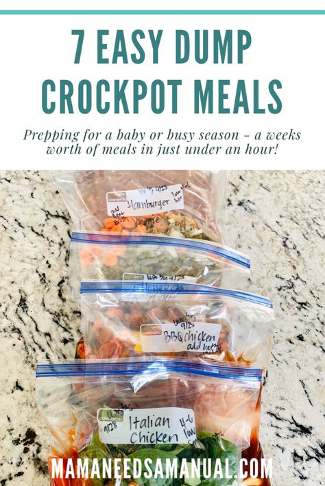 7 Easy Dump Crockpot Freezer Meals | Freezer Meal Pot Roast, Crockpot Chicken Pot Pie Freezer Meal, Dump Crockpot Recipes Freezer Meals, No Cook Freezer Meals Dump Dinners, Freezer Dump Soups, Fall Crockpot Freezer Meals, Crockpot Freezer Meals For Large Family, Freezer Meal Crockpot Recipes, Inexpensive Freezer Meals