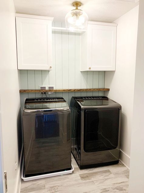 DIY Shelf Above Washer and Dryer | Abby Lawson Laundry Room Shelf Over Washer And Dryer Top Loader, Laundry Room Floating Shelf, Shelf Above Washer And Dryer, Washer Dryer Shelf, Closet Laundry Room Organization, Laundry Room Addition, Diy Laundry Room Shelves, Abby Lawson, Laundry Room Storage Shelves