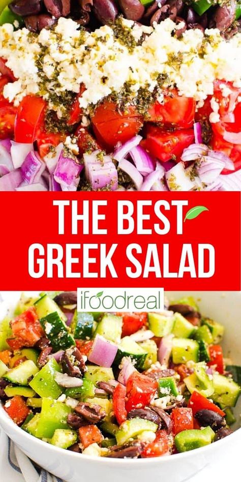 This Greek Salad Recipe is crunchy and hearty from raw vegetables, Kalamata olives and feta cheese. The perfect combination of salty and savory that makes a filling lunch or a side dinner salad to accompany grilled proteins. My go-to salad with only 6 ingredients, plus an easy greek salad dressing! Best Greek Salad, Greek Salad Recipe, Traditional Greek Salad, Homemade Vinaigrette, Greek Vinaigrette, Greek Salad Dressing, Greek Salad Recipes, Greek Dishes, Lunch Salads