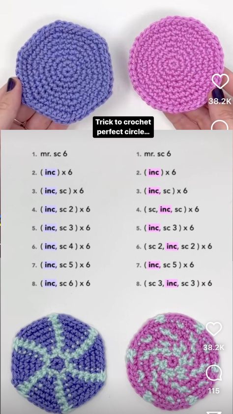 Crochet Circle Pattern, Amigurumi Minta, Crochet Hack, Crochet Stitches Guide, Pola Amigurumi, Crochet Design Pattern, Beginner Crochet Projects, Crochet Circles, Crochet Stitches For Beginners