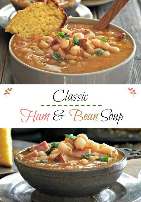 Classic Ham & Bean Soup. White beans & ham simmered w/onions, carrots, seasonings and a few secret ingredients until magic happens. Soups on folks! Simply Sated Ham Broth, Ham Bean Soup, Soup Comfort, Beans Soup, Ham And Bean, Ham Hocks, Canned Ham, Turkey Broth, Ham Soup