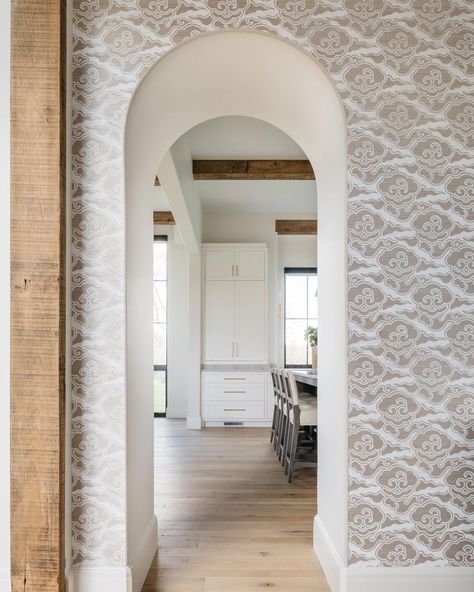 Kate Marker Interiors on Instagram: “An archway, an antique beam, and beautiful wallpaper makes this spot pretty special! In our new blog, we're talking about all things…” Farmhouse Build, Kate Marker Interiors, Arch Doorway, Rocky Hill, Next Door Neighbor, Dark House, Sea Glass Colors, Entry Hallway, Kitchen Dining Living