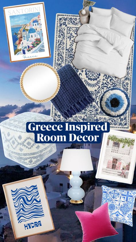 Decorations for a greece inspired bedroom. Navy pillow and other decor that can relate to greece. Greece Theme, Theme Bedroom, Themed Bedroom, Santorini Greece, Bedroom Themes, Bedroom Inspo, Room Inspiration, Greece, Room Decor