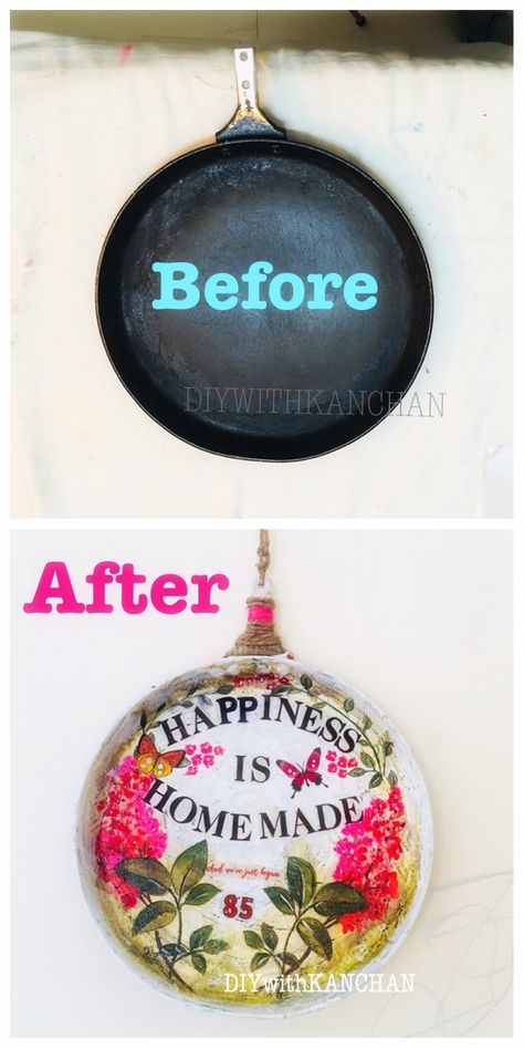 Pan Decoration Ideas, Kitchen Diy Decor Ideas Wall Art, Kitchen Artwork Ideas Wall Hangings, Diy Kitchen Decor Wall Art, Kitchen Wall Art Diy, Art Decor Kitchen, Diy Utensils, Diy Decoupage, Decoupage Decor