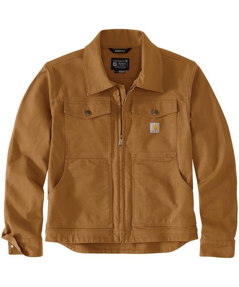 A true workhorse this men's Carhartt canvas jacket adds just the right amount of stretch to the durable canvas duck for easy movement. A snap-adjustable drop tail hem lets you customize the length. Interior and exterior pockets keep essentials close. A relaxed fit offers a little extra room to move. Mens Rugged, Duck Jacket, Safety Clothing, Canvas Jacket, Men Carhartt, Mens Workwear, Carhartt Mens, Shorts With Tights, Shell Jacket