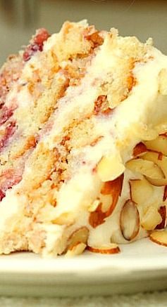 Strawberry Almond Layer Cake Almond Layer Cake, Strawberry Almond, Layer Cake Recipes, Layer Cakes, A Piece Of Cake, Just Cakes, Almond Cakes, Piece Of Cake, Yummy Sweets