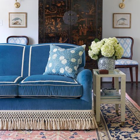 Caroline Gidiere, Fringe Sofa, Blue Velvet Couch, Pink And Blue Rug, Blue Velvet Sofa, Blue Couches, Velvet Couch, Grey Sectional, Cottage Living Rooms