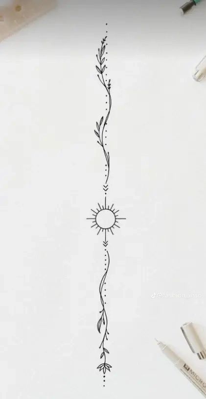 Simple Spin Tattoos For Women, Sunflower Spine Tattoo Simple, Western Spine Tattoos For Women Simple, Beachy Spine Tattoo, Minimalistic Spine Tattoo, Simple Spine Tattoos, Spinal Tattoo, Bookmark Design, Spine Tattoos For Women