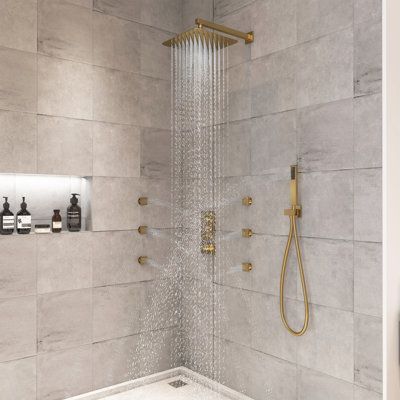 Get ready for ultimate relaxation getting a relax bathing with casainc 12 inch square shower head. Moreover the french vernet thermostatic valve can balances constant temperature for avoiding scald. Don't hesitate, get yours today and start enjoying CASAINC quality at home! CASAINC Finish: Brushed Gold | CASAINC 3 Functions 12 Inch Wall Mount Thermostatic Shower System w / 6 Body Jets 11.8 W in yellow in Brushed Gold | 11.8" W | Wayfair CA-102009LK-2 Double Shower Head Master Baths, Gold Shower Fixtures, Double Shower Heads, Multiple Shower Heads, Square Shower Head, Wall Panels Bedroom, Master Bath Shower, Fiberglass Shower, Bathroom Inspiration Modern