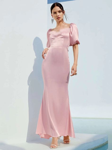 Tie Back Puff Sleeve Satin Dress | SHEIN USA Puff Sleeve Birthday Dress, Shein Evening Dress, Satin Bodycon Dress Long, Pink Satin Dress Long, Satin Puff Sleeve Dress, Long Sleeve Maxi Dresses, Chic Cocktail Dress, Satin Bodycon Dress, Pink Satin Dress