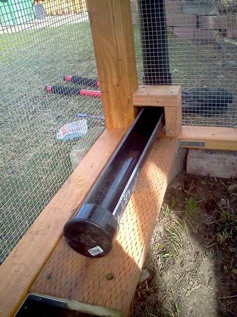 Feeding trough of the PVC gravity feeder on the Garden Coop. Automatic Feeder For Chickens, Chicken Feeding System, Chicken Feed Trough, Chicken Food Dispenser, Pvc Feeder, Diy Chicken Feeder, Pvc Chicken Feeder, Gravity Feeder, Chicken Feeder Diy