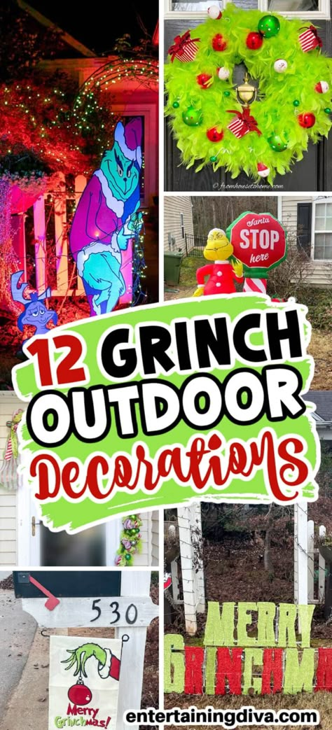 12 Awesome Grinch Outdoor Christmas Decor Ideas | Grinch Christmas Ideas Whoville Porch Decorations, The Grinch Stealing Christmas Lights, Whoville Front Porch, Christmas Decor Ideas Outdoor Grinch, Grinch Christmas Tree Outdoor, Grinch Window Display Ideas, Diy Outdoor Whoville Decorations, Outdoor Christmas Decorations Archway, Christmas Parade Float Ideas Theme Grinch