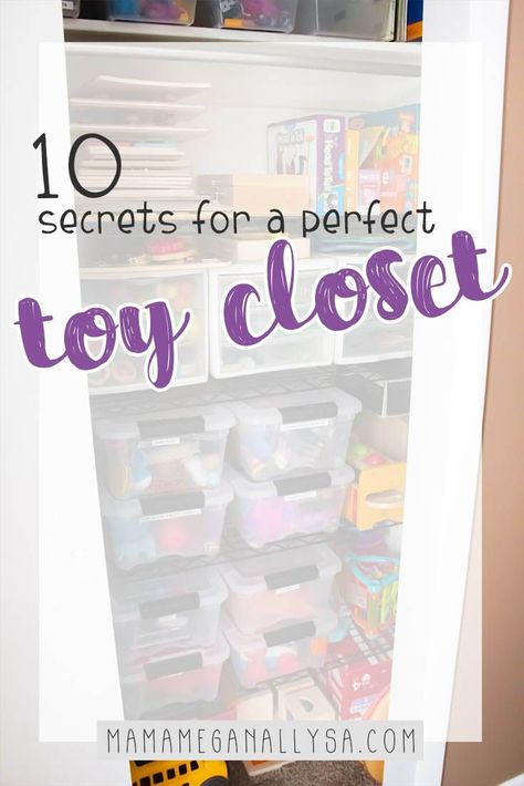 Toy Closet Organization Small, In Closet Toy Storage, Hallway Closet Toy Storage, Toy Storage Ideas Closet, Small Toy Closet Organization, Toy Cupboard Storage Ideas, Toys Wardrobe Storage Ideas, Linen Closet Toy Storage, Storing Toys In Small Space